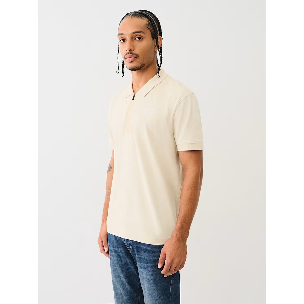 True Religion Mens Tape Logo Zipper Polo Shirt Color Fog Medium New